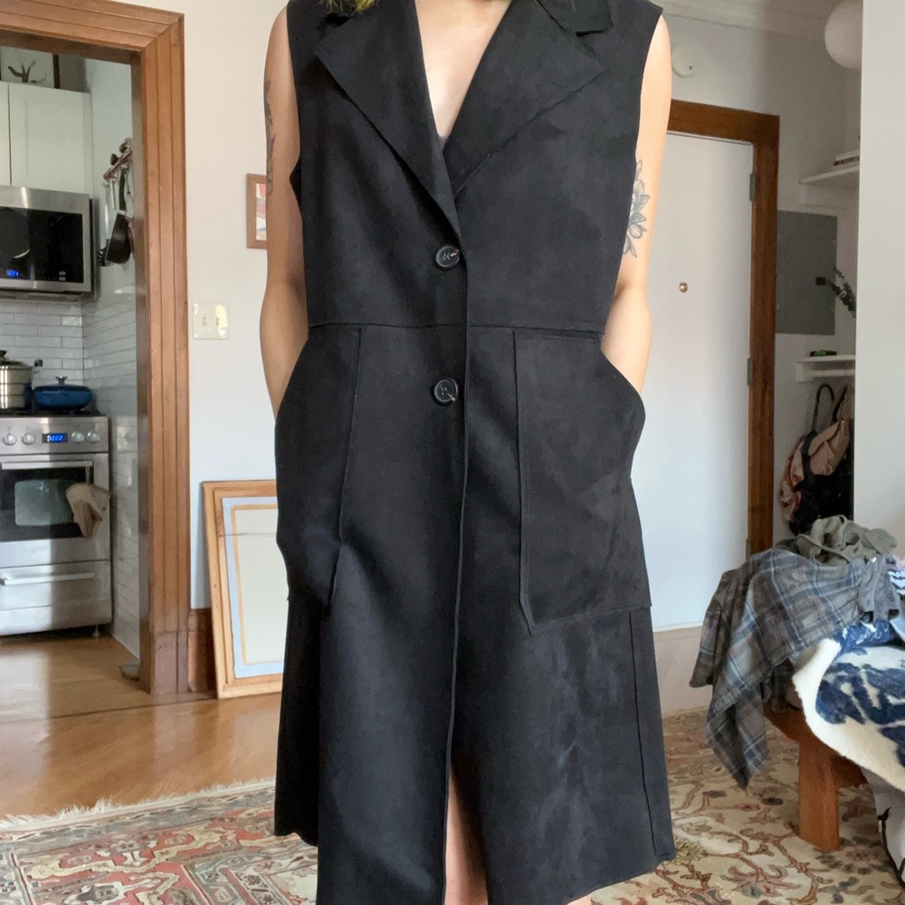 Black Wool-Blend Knee-Length Vest with Notched Lapel